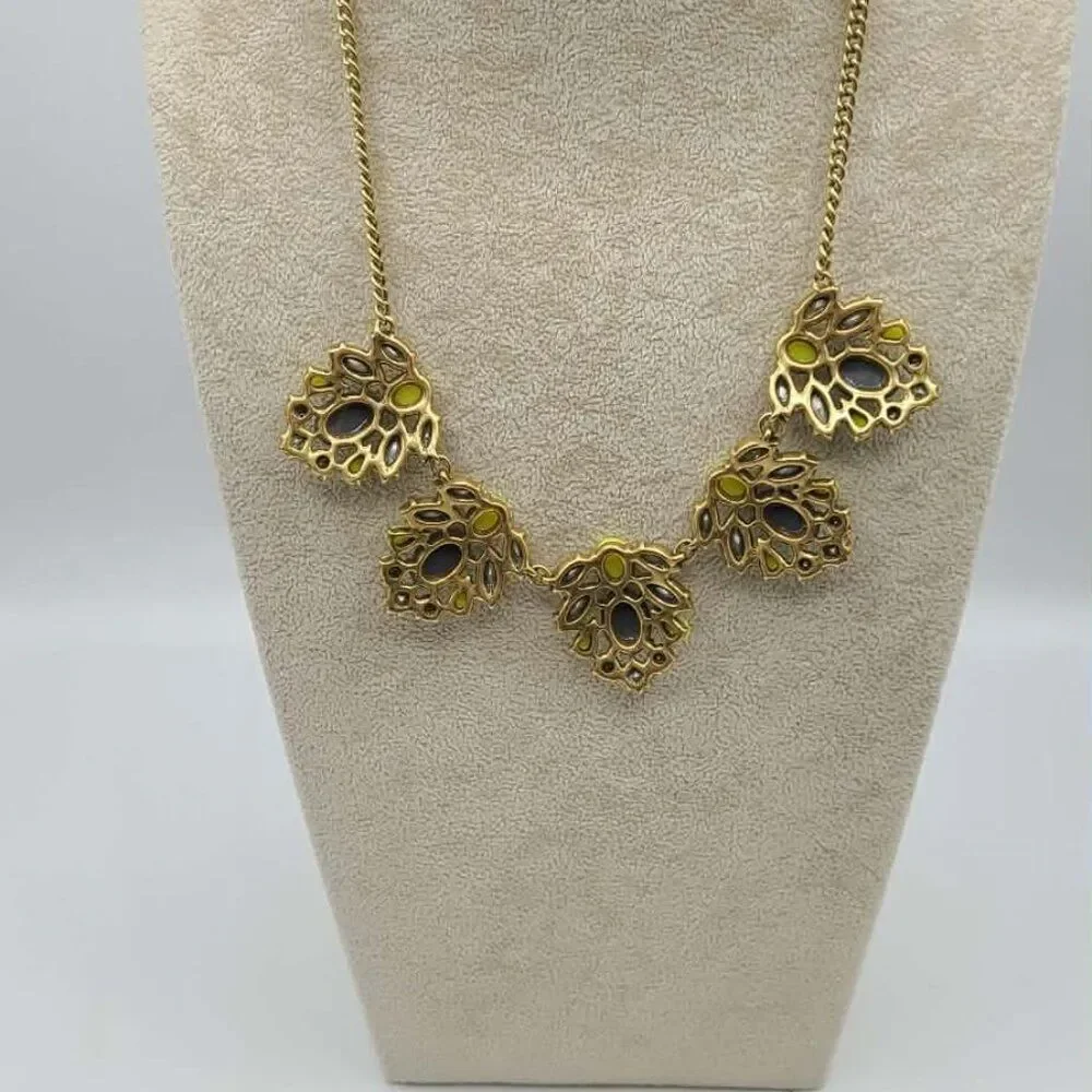 J Crew Factory Gray Yellow Resin Clear Crystal Statement Necklace NWT! NEW!